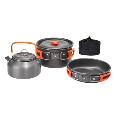 Imagem de rockible Conjunto de cozinha para acampamento 3 peças, panela, frigideira, chaleira, utensílios de cozinha portáteis antiaderentes para acampamento, kit de, Laranja