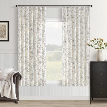Imagem de Cortinas florais vintage pretas 153 cm de comprimento plissadas fazenda campo francês boho filtragem de luz estampa preta em cortina de linho branco creme esboço estético sala de jantar sala de estar