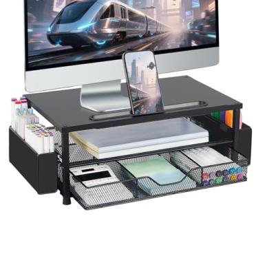 Imagem de AUPSEN Suporte para monitor de computador de madeira, organizador de mesa preto de 2 camadas com gaveta, armazenamento de caneta e suporte de telefone para tablet, acessórios de mesa de escritório