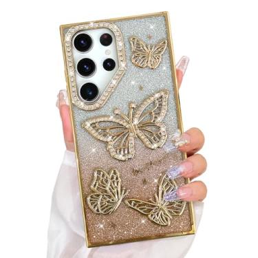 Imagem de Bonoma Capa com glitter para Samsung Galaxy S23 Ultra, linda estampa de borboleta 3D, capa traseira macia com proteção para câmera para mulheres e meninas, dourada