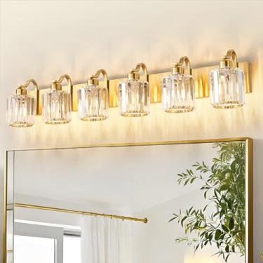 Imagem de Aixialin Luminária moderna para banheiro com 6 luzes bronze dourado luminária de parede de cristal luminárias de banheiro com sombra redonda (exclui lâmpada)