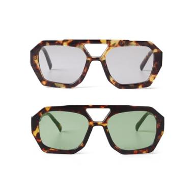 Imagem de DQbhzh Óculos de sol aviador hexagonais modernos femininos masculinos hexagonais quadrados de plástico armação grossa ponte dupla designer óculos de sol, Cinza tartaruga + verde tartaruga, P