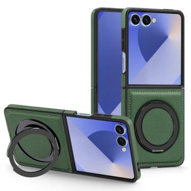 Imagem de Newhalper Capa magnética para Samsung Galaxy Z Flip 7 couro 360 graus giratório anel suporte ajustável à prova de choque capa fina para celular para Samsung Z Flip 7 (verde)