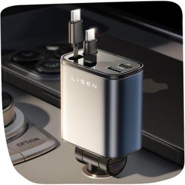Imagem de Carregador de carro LISEN retrátil USB C 69W com cabos duplos tipo C