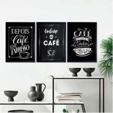 Imagem de Kit 3 Quadros Café Tipografia Giz 33x24cm - Madeira Branca - Quadros O