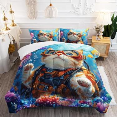 Imagem de AILONEN Conjunto de edredom de gato subaquático tamanho casal - Roupa de cama de microfibra para gatos e animais do oceano mergulho 3D para meninas e crianças (1 edredom + 2 fronhas) 3 peças