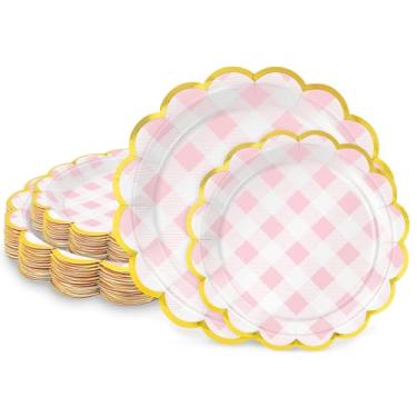 Imagem de LIKAJON 50 peças de pratos de papel xadrez rosa e branco, 25 peças de 23 cm e 25 peças de 18 cm pratos recortados de guingão rosa descartáveis com folha dourada para formatura, casamento, chá de bebê