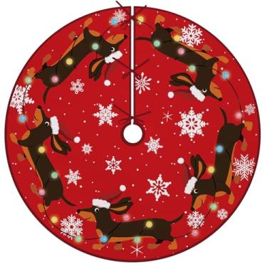 Imagem de Fzbali Saia de árvore de Natal vermelha para cachorro Dachshund, 121 cm, com cadarço, floco de neve, árvore de Natal, dono de animais de estimação, presente para amantes, festas de inverno, decoração