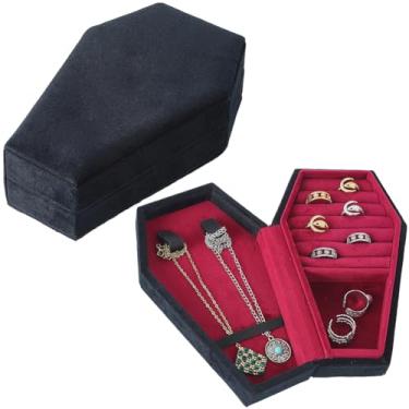 Imagem de Beebeecraft Caixão de veludo porta-joias de viagem mini caixa de joias gótica em forma de caixão com bolsas para brincos, anéis, colares, pulseiras, organizador