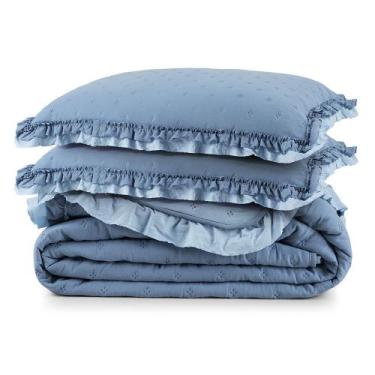 Imagem de Cobre Leito Casal Micropercal 200 Fios com Babado Malvinni Azul - 3 Pe