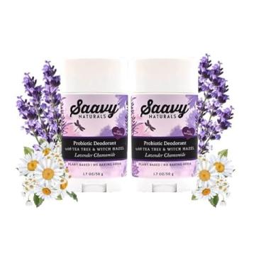 Imagem de Saavy Naturals Desodorante probiótico, sem alumínio, sem bicarbonato de sódio, sem resíduo, proteção o dia todo para mulheres e homens, fórmula vegana natural, lavanda camomila - pacote com 2 48 g