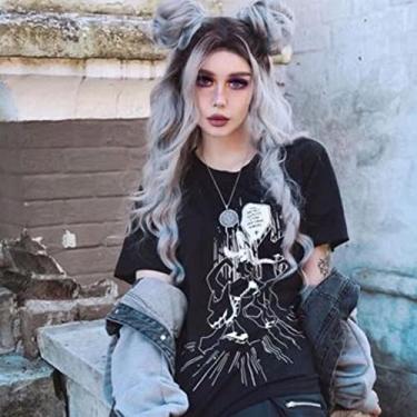 Imagem de Kalisa Peruca longa ondulada ombré preta a cinza com renda frontal parte do meio do corpo ondulado cinza prateado peruca sintética resistente ao calor peruca de maquiagem para mulheres 61 cm