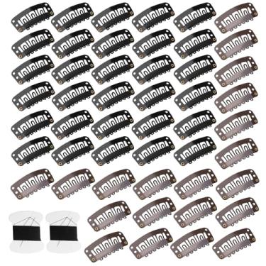 Imagem de TNJPSEK Pacote com 50 clipes de trama para extensões de cabelo, 2 conjuntos de agulhas e fios DIY em forma de U de aço inoxidável, clipes de pressão de 6 dentes de 32 mm para fixação segura da peruca