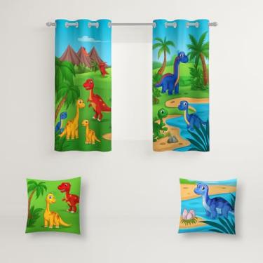 Imagem de Cortina Infantil Decorativa com 2 Capas de Almofada, 2m x 1,5m, Poliéster Estampado, para Quarto (VALE DOS DINOSSAUROS)