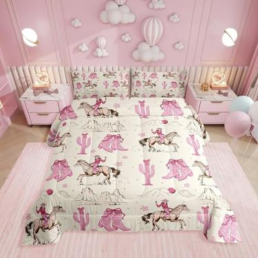 Imagem de Erosebridal Conjunto de cama casal retrô cavalo ocidental para meninas, botas e laços de vaqueira rosa para crianças, adolescentes, colcha rústica de cacto caubói, laço fofo, decoração de quarto com 2
