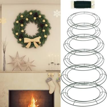 Imagem de FALESOUL Pacote com 6 molduras de guirlanda de arame redondo, anéis de guirlanda de arame verde, formas reutilizáveis, formas de guirlanda de metal sólido para decoração de casa de Natal, Ano Novo