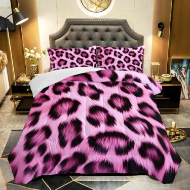 Imagem de QOOMO Conjunto de edredom solteiro com estampa de leopardo rosa, 3 peças, para adolescentes, meninos e meninas, estampa de animal selvagem, com 2 fronhas, alternativa, macio e leve