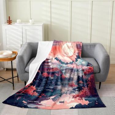 Imagem de Cobertor de flanela infantil estilo japonês, cobertor de cama de flor de cerejeira japonês Ukiyo-e para meninos e meninas, cobertor de lã com paisagem natural da noite, cobertor felpudo vermelho preto