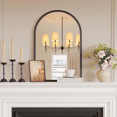 Imagem de Espelho de parede arqueado - 61 cm x 91 cm moldura de contas de metal com detalhes decorativos, decoração de parede suspensa para banheiro, quarto, sala de estar, entrada, preto antigo