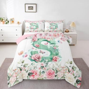 Imagem de Erosebridal Conjunto de cama solteiro com letra P em aquarela verde, para meninas, crianças, meninos, com letra P, monograma, flores, jardim, plantas, borboletas, enchimento de edredom
