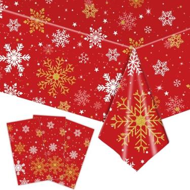 Imagem de VHUWE Toalhas de mesa de Natal descartáveis 3 peças, toalhas de mesa de plástico vermelho de 152 x 300 cm com floco de neve em ouro branco para mesas retangulares, artigos de decoração de jantar de