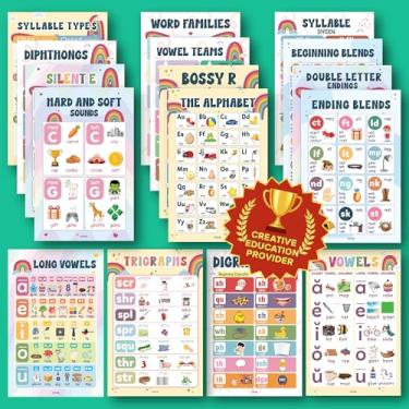 Imagem de EXCOOL CLUB 16 peças de pôsteres fonéticos de sala de aula de parede sonora - pôsteres de tipos de sílabas para decoração de sala de aula, pôster de dígitos e misturas de vogais longas e curtas para
