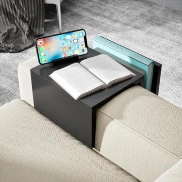 Imagem de Stuffygreenus Suporte de copo de sofá de madeira com bolso lateral de madeira para sofá, apoio de braço, mesa para sofá, bandeja de braço para TV, jantares, bebidas, lanches (preto)