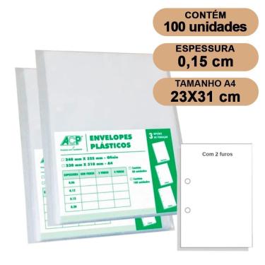 Imagem de Envelope Saco Plástico A4 Acp 0,15Mm 2 Furos C/100 Grosso