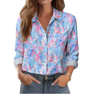 Imagem de Blusa feminina Zeagoo, moda com botões, decote em V, manga comprida