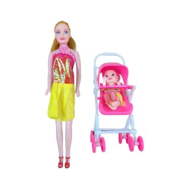 Imagem de Bonecas mãe e filha com carrinho de bebê amamentando Barbie