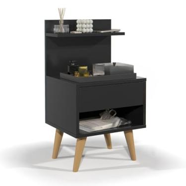 Imagem de Mesa de Cabeceira Retrô com Gaveta e Prateleira para Quarto Pequeno Design Vintage Funcional(PRETO)