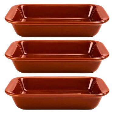 Imagem de Kit 3 Travessa Refratária Cerâmica Retangular Assadeira para Servir Multiuso Forno, Micro-ondas, Restaurantes Self Service (Marrom, 1850 ml)