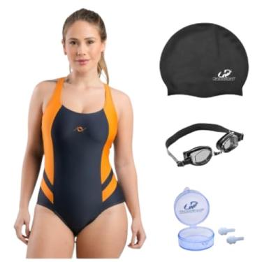 Imagem de Kit Maiô Natação Hidroginástica Touca Silicone Óculos Uv E Protetor De Ouvido (Grafite/Laranja - Óculos Preto, XGG)