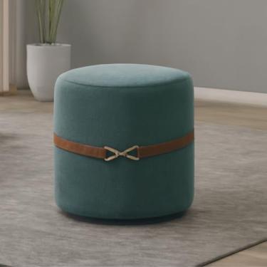 Imagem de Puff Lyon Redondo Decorativo Revestido em Veludo Detalhe em Couro Sintético