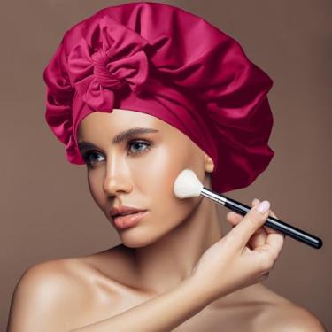 Imagem de Touca de cabelo de cetim de seda para dormir à noite chapéu com faixa de gravata chapéu preto com envoltório de cabeça (vinho vermelho)