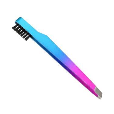 Imagem de Ferramenta de modelagem de sobrancelha portátil 2 em 1, clipe de sobrancelha de aço inoxidável, pincel de sobrancelha, para pentear sobrancelhas, azul gradiente rosa vermelho
