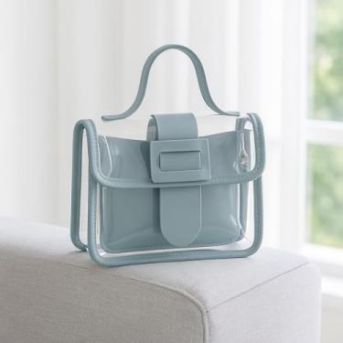 Imagem de Bolsa tiracolo retrô transparente para mulheres – Bolsa de ombro transparente de cor sólida com design chique, Azul, Medium, Mochila casual