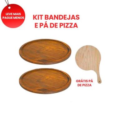Imagem de KIT 10 bandejas de 35cm de Madeira Rustica e Pá de Pizza 38cm com cabo