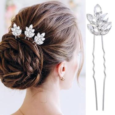 Imagem de 3 alfinetes de cabelo elegantes de folha de cristal para mulheres brilhantes prateados U grampos de cabelo românticos delicados acessórios de cabelo para noivas elegantes para casamento