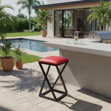 Imagem de Banqueta Industrial Baixa Assento Estofado Corino Luxo Vermelho