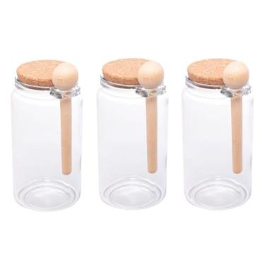 Imagem de Kit 3 Porta Temperos Redondo 1 L Vidro Com Colher De Bambu E Tampa Rolha Lyor