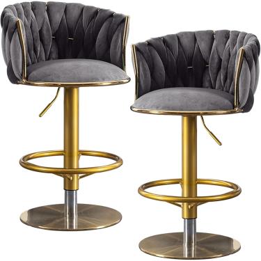 Imagem de Bancos De Bar Ajustáveis 2 Pcs, Cadeiras Altas De Veludo Giratórias, Banquetas De Bar De Cozinha De Jantar, Chassi Espelhado Com Apoio Para Os Pés, Grey