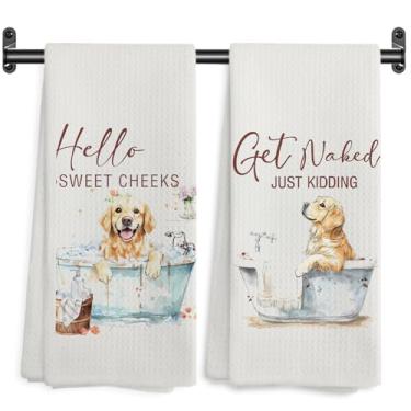 Imagem de WARDOS Toalhas de mão engraçadas Golden Retriever, decoração de banheiro Hello Sweet Cheeks, presentes Golden Retriever, toalhas de mão decorativas para banheiro, banheiro, 40 x 61 cm, conjunto de 2