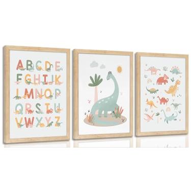 Imagem de Arte de parede de dinossauro infantil para sala de jogos ABC, pintura do alfabeto, decoração de parede, pôster engraçado, arte para quarto de crianças, quarto de menino, quarto de meninas, decoração