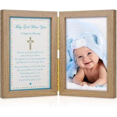 Imagem de Florvyn Presentes de batismo para meninos – Presentes de batismo para meninos, porta-retratos para batismo ou batizado de bebê, cartão de bênção na moldura, adicione foto de 10 x 15 cm à moldura dupla
