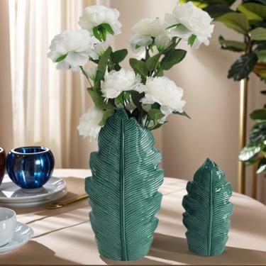Imagem de Conjunto de 2 vasos de cerâmica verde folha, vaso de flores de mesa de centro de fazenda para decoração de mesa de café com grama dos pampas, sala de estar nórdica moderna e sala de jantar decoração