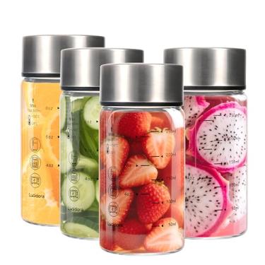 Imagem de Lucidora 4 garrafas de suco de vidro de 293 ml com tampas, garrafas de água de vidro de boca larga com marcações de medição, garrafa de borossilicato reutilizável para sucos, vitaminas, tampas de aço