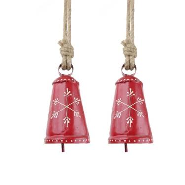 Imagem de Trrystals Sino de pendurar vermelho de ferro feito à mão – decoração festiva com design de floco de neve e corda de juta para casa e jardim (Sino cone vermelho com padrão floral branco de floco de