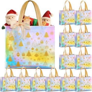 Imagem de Henoyso 12 sacos de presente iridescentes brilhantes reutilizáveis de Natal com alça pacotes de Natal não tecidos para embrulhar presentes, Natal, 32,6 x 10,6 cm × 3,23 cm