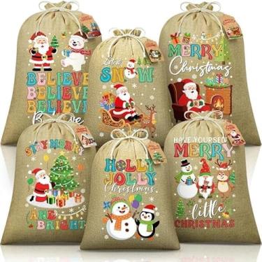Imagem de FLOE 6 peças de sacos de presente de Natal com cordão de tamanhos variados com etiquetas, sacos grandes de estopa para presente de Natal, grande volume, tecido de algodão, saco de embrulho de presente
